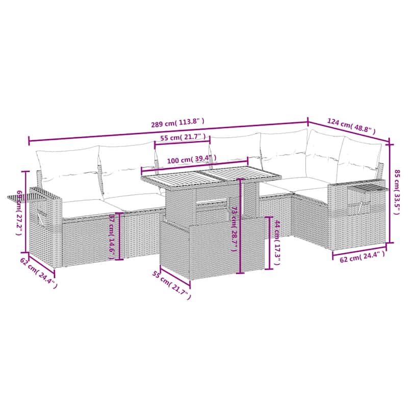 vidaXL Patio Sofa Set with Cushions Outdoor Furniture 7 Piece Poly Rattan - 24.4 x 24.4 x 27.2