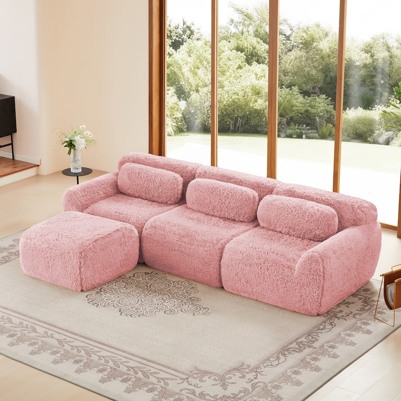 L-Shaped Boneless Sectional Sofa Set with Ottoman, Throw Pillows, 32D High-Density Sponge, No Assembly Required - Pink
