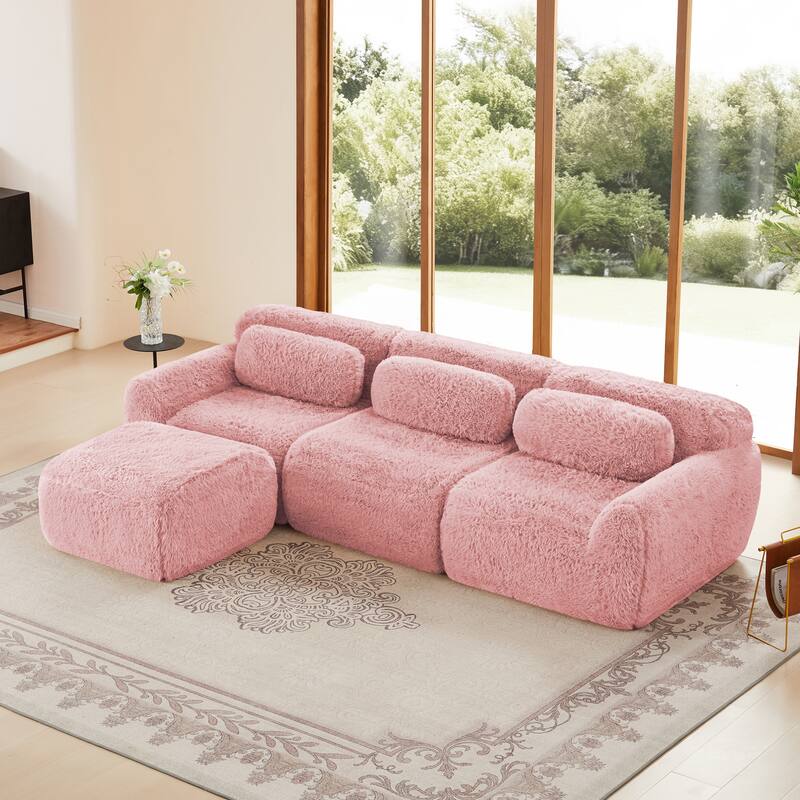 L-shaped Soft and Fluffy Plush Fabric,Boneless Sofa,Anti-Slip Design Buckle Connection,Movable Ottoman - Pink