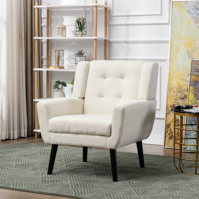 Beige Linen 29.53" Buttons Tufted Accent Chair with Black Legs