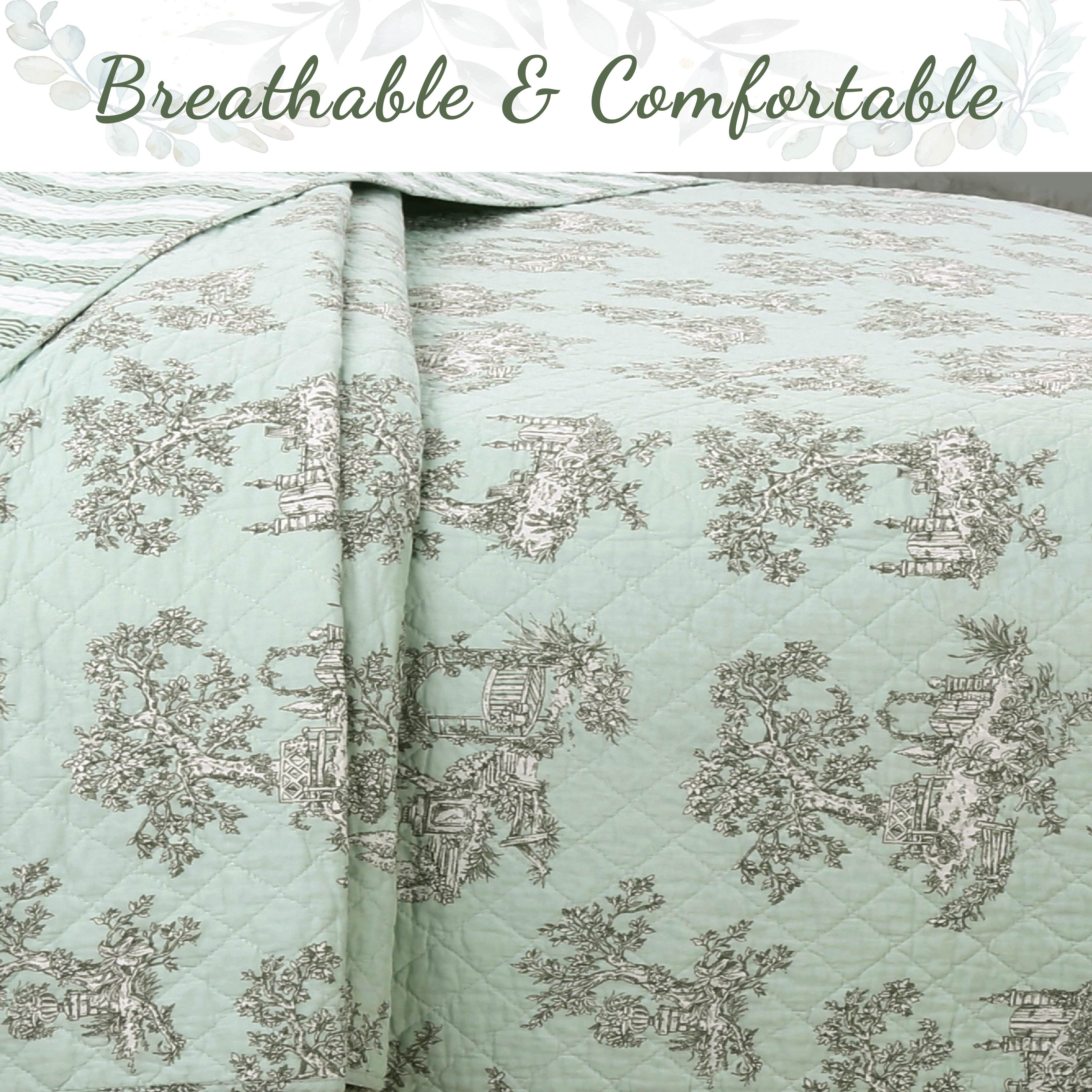 Cozy Line Vintage Cottage Garden Toile Quilt Set - Mint Green 100% Cotton Reversible Queen Bedding