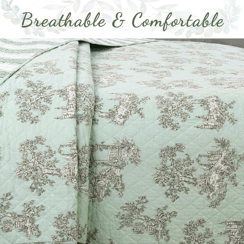 Cozy Line Vintage Cottage Garden Toile Mint Green Cotton Quilt Bedding Set