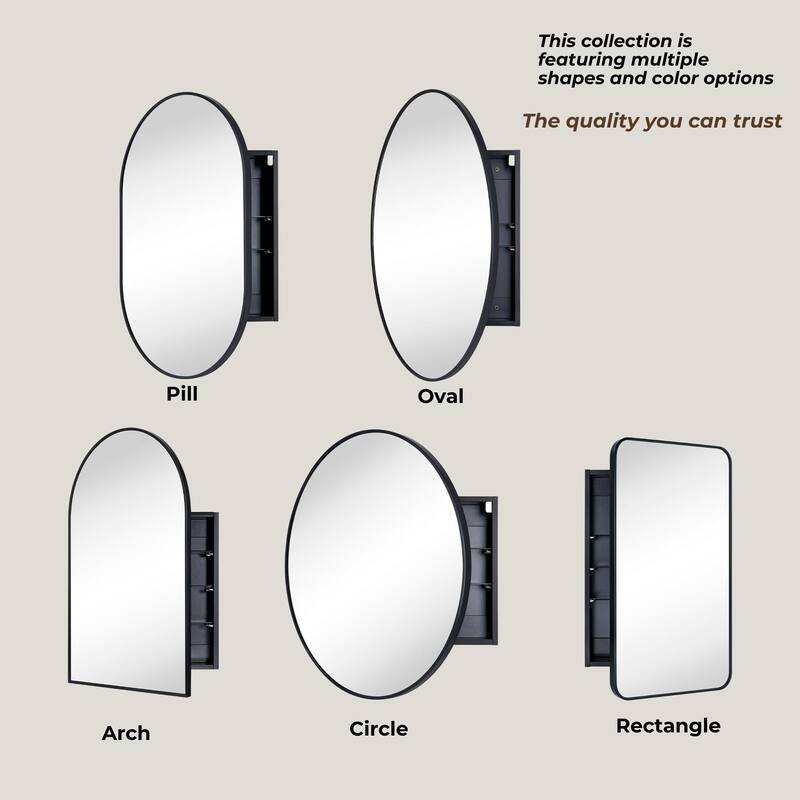Surface Mount Black Circular Round Bathroom Medicine Cabinet with Mirror and adjustable shelves - 26" x 26"