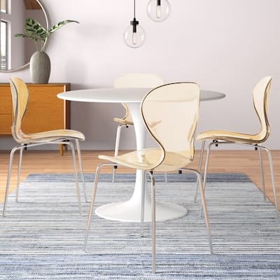 5-Piece Dining Set with 35-Inch Round Dining Table in White and 4 Side Chairs with Chrome Legs