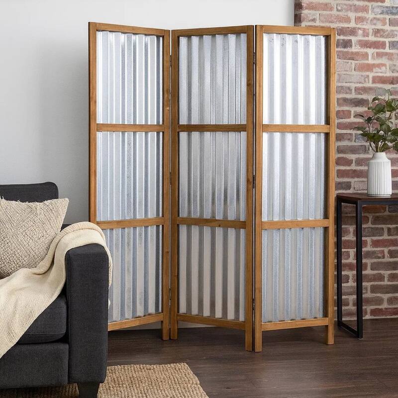 Industrial 3 Panel Foldable Screen with Corrugated Design,Silver and Brown