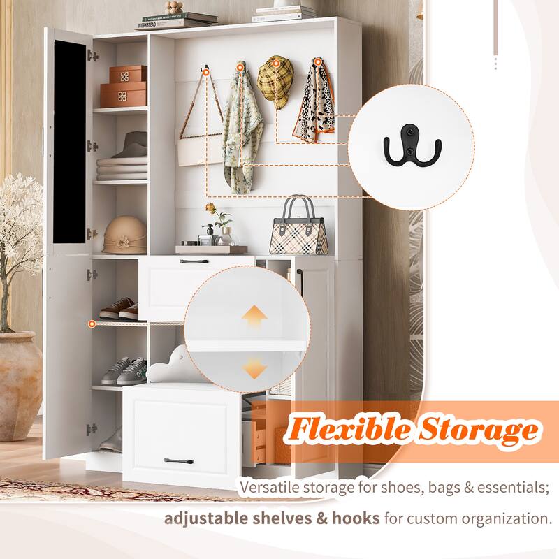 Modern Coat Rack Hallway Rack with Integrated Shoe Cabinet Mirrored Doors Entry Bench and Foldable Seat, for Entry Living Room