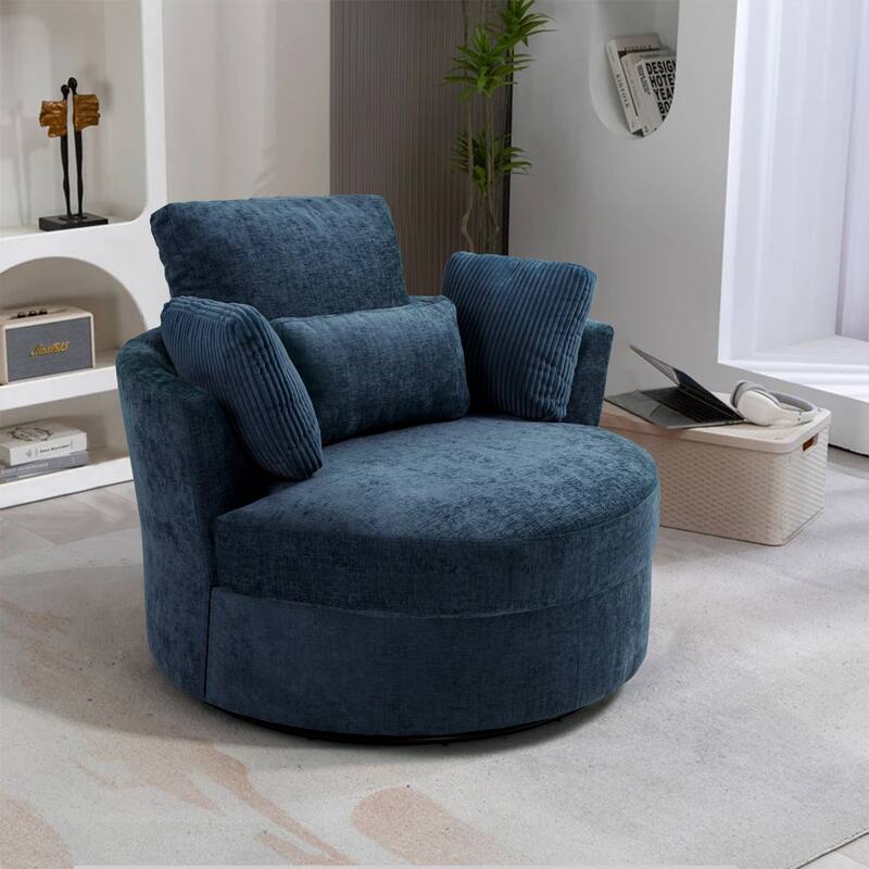 41" W Oversized Accent Barrel Swivel Chair with Moon Storage Ottoman - Single Chair - Navy Chenille/Corduroy Pillows