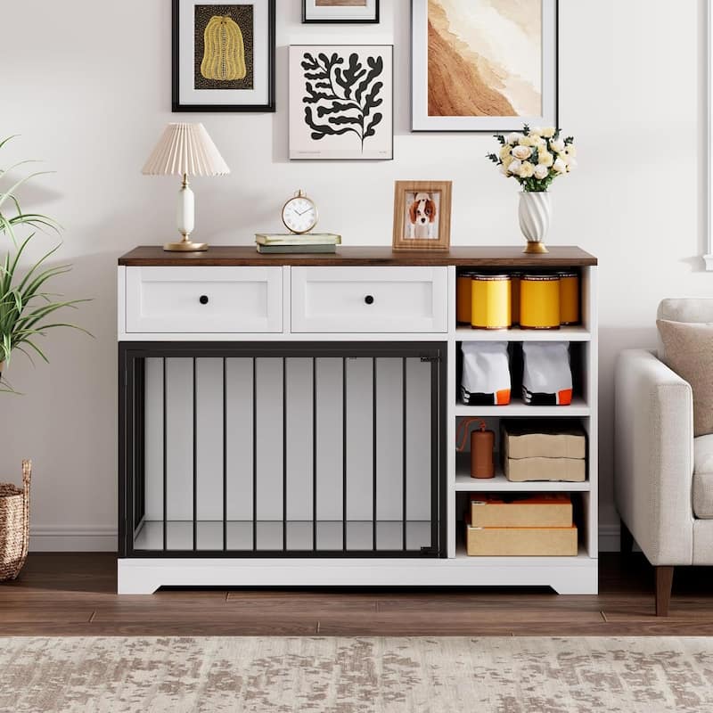 47" Dog Crate, Dog Kennel with 2 Drawers and 4 Shelves for Medium Large Dogs - White