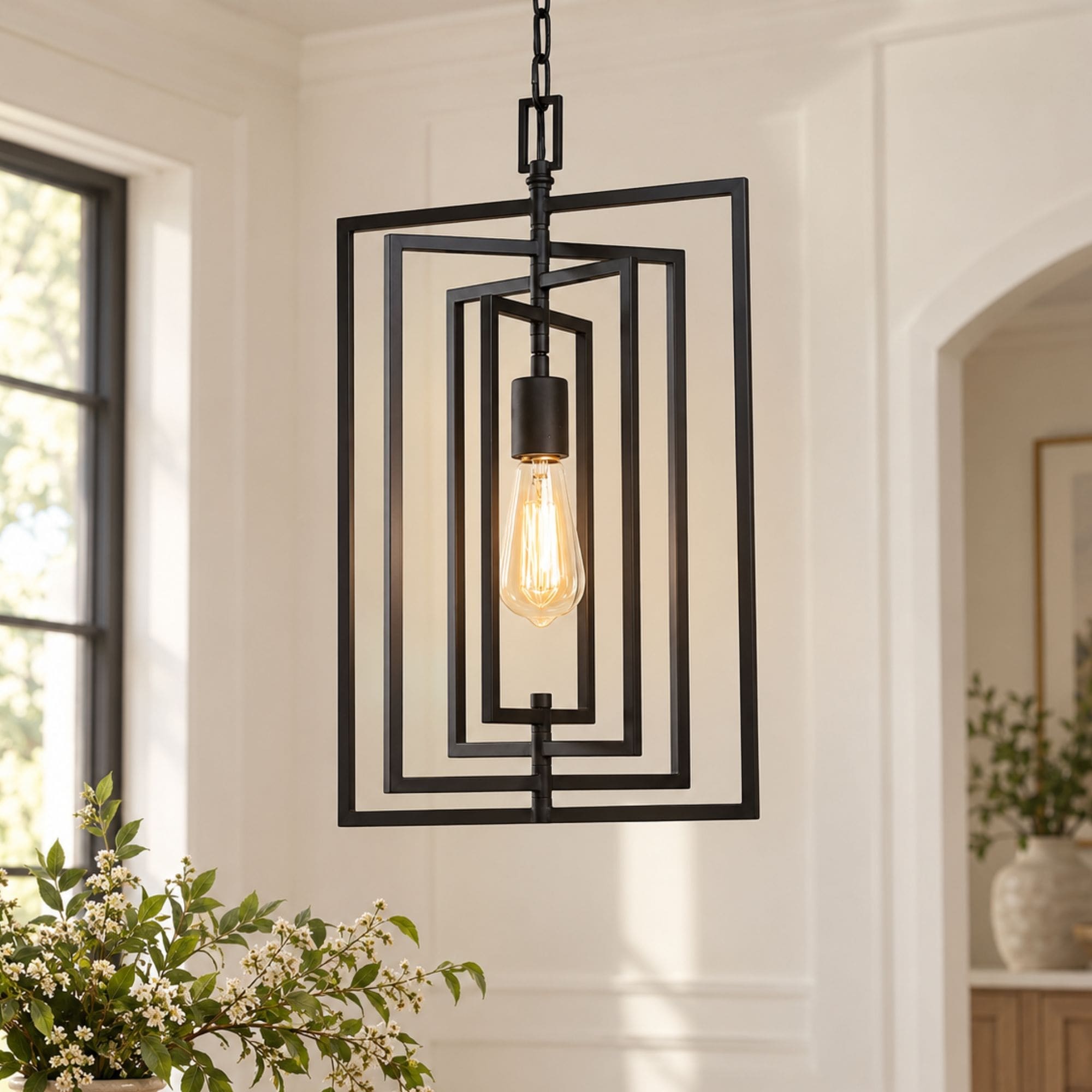 Modern Farmhouse Black 1-Light Geometric Kitchen Pendant Light for Dining Room - W12"xH20.4"