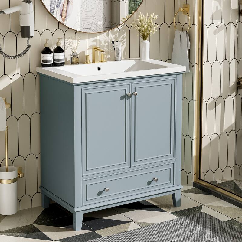 Bathroom Vanity with Ceramic Sink, Solid Wood & MDF Base, 1 Drawer & 2 Doors, Adjustable Shelf - 30in L Solid Wood+MDF