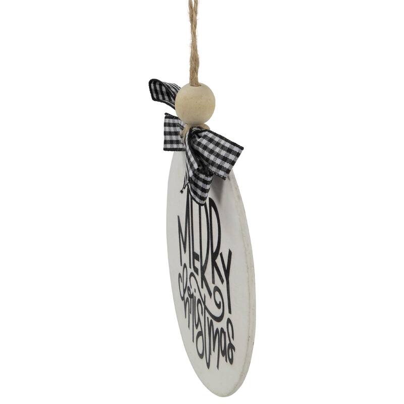 Wooden "Merry Christmas" Disc Ornament with Plaid Bow - 4" - White and Black
