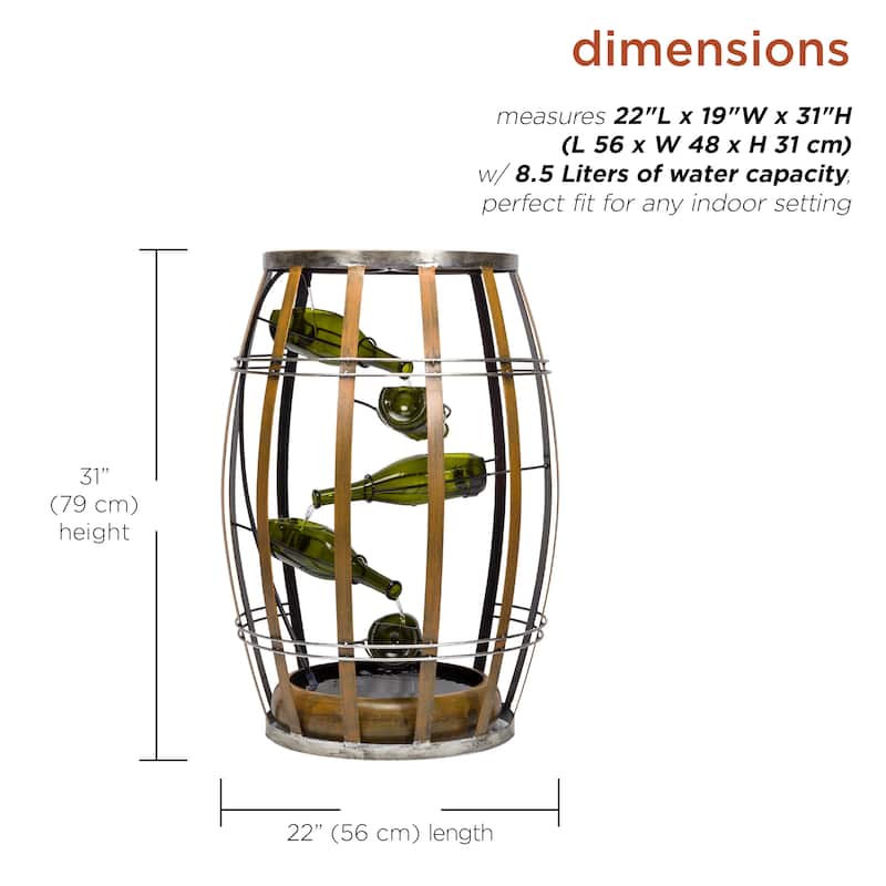 Alpine Corporation 31" Tall Indoor Metal Wine Barrel Table Fountain with Tiered Glass Bottles