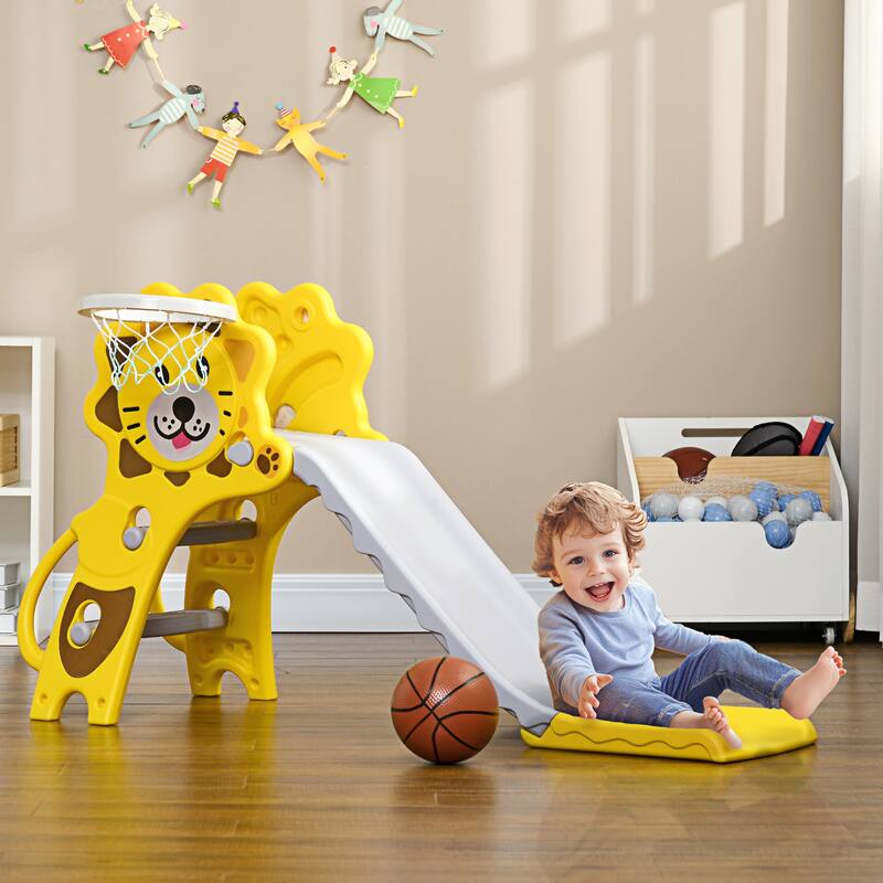 Kids Cartoon Pattern PE Indoor Slide with Basketball Hoop and Climber for Ages 18-36 Months - 52.25" L x 23.5" W x 27.5" H - Yellow-Grey