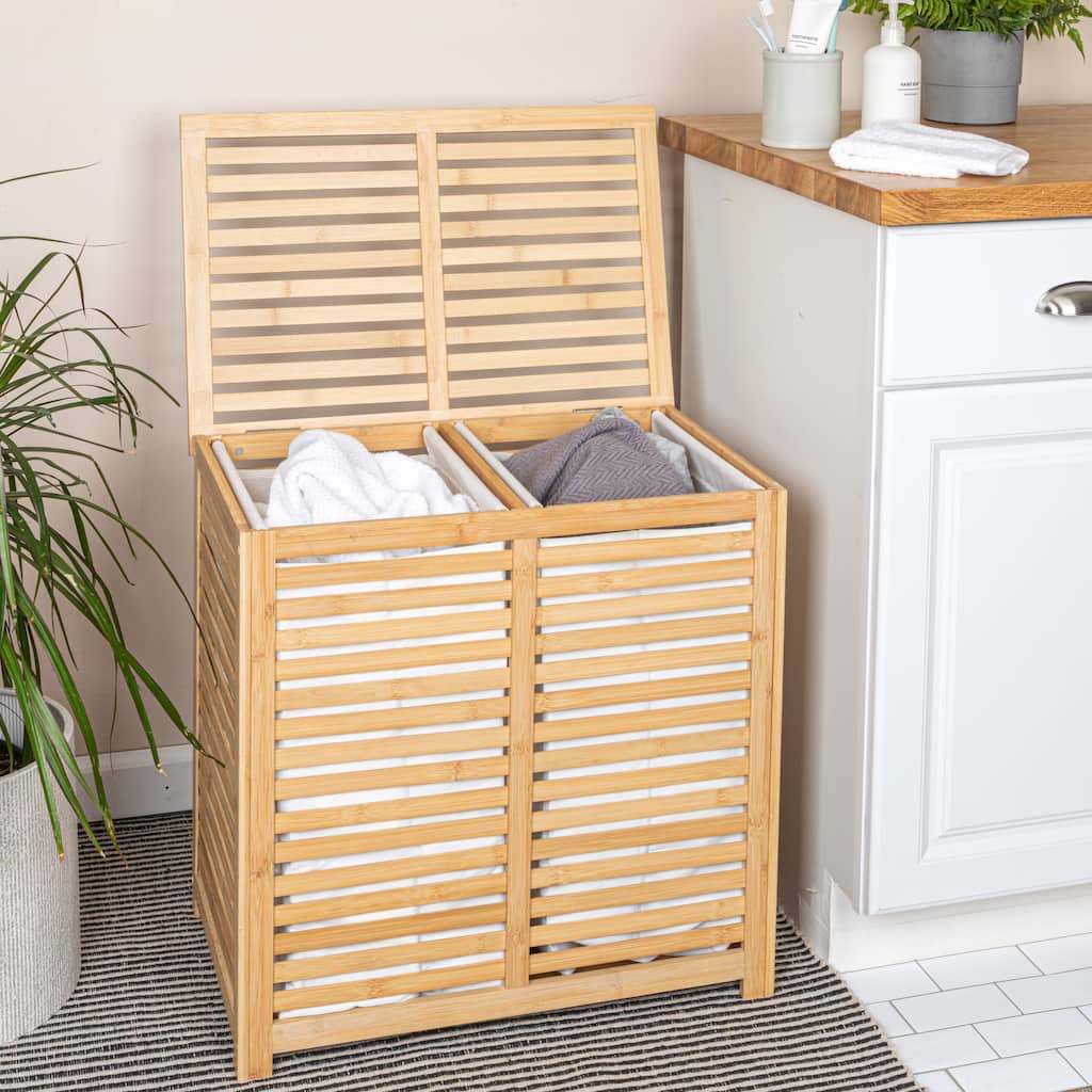 Household Essentials Bamboo and Cotton Double Laundry Sorter with Lid and Removable Bags - 23.6"L x 15.8"W x 22.8"H