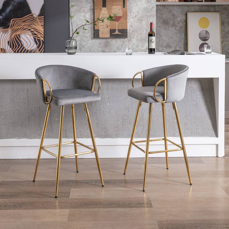 Bar Stools Set of 2, 26 Inch Counter Height Bar Stools Velvet Low Back Chair with Golden Armrest for Kitchen Island, Home Bar