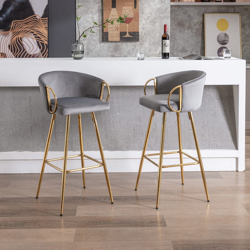 Counter Height Bar Stools Set of 2, Velvet Bar Stools with Armrests, Kitchen Island Chairs with Footrest and Metal Legs