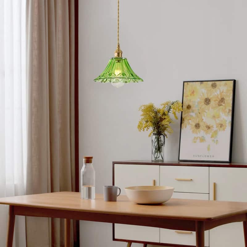 Modern 1-Light Pendant with Light Green Tinted Glass Shade and Electroplated Brass Finish