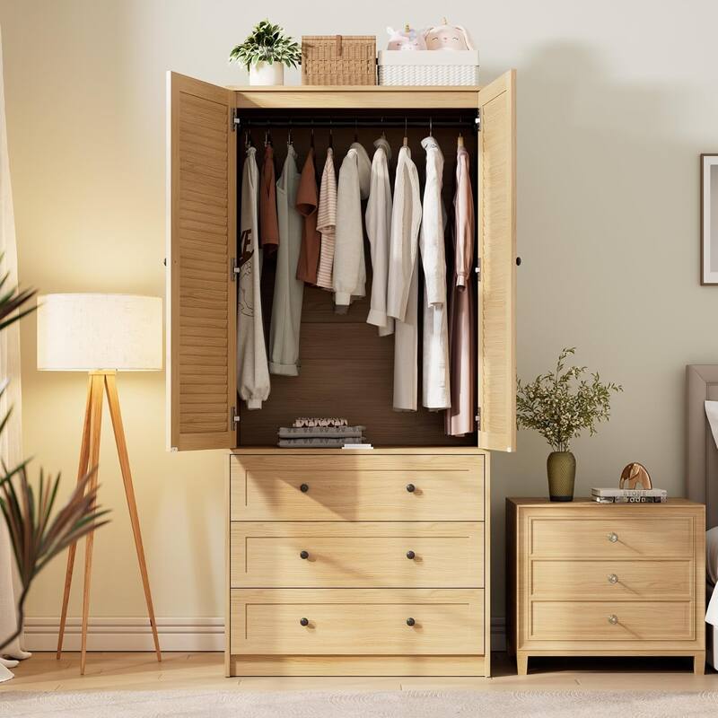 Garvee Louvered Door Armoire Wardrobe Closet with Drawers, 69.5" Wooden Wardrobe Cabinet with Hanging Rod