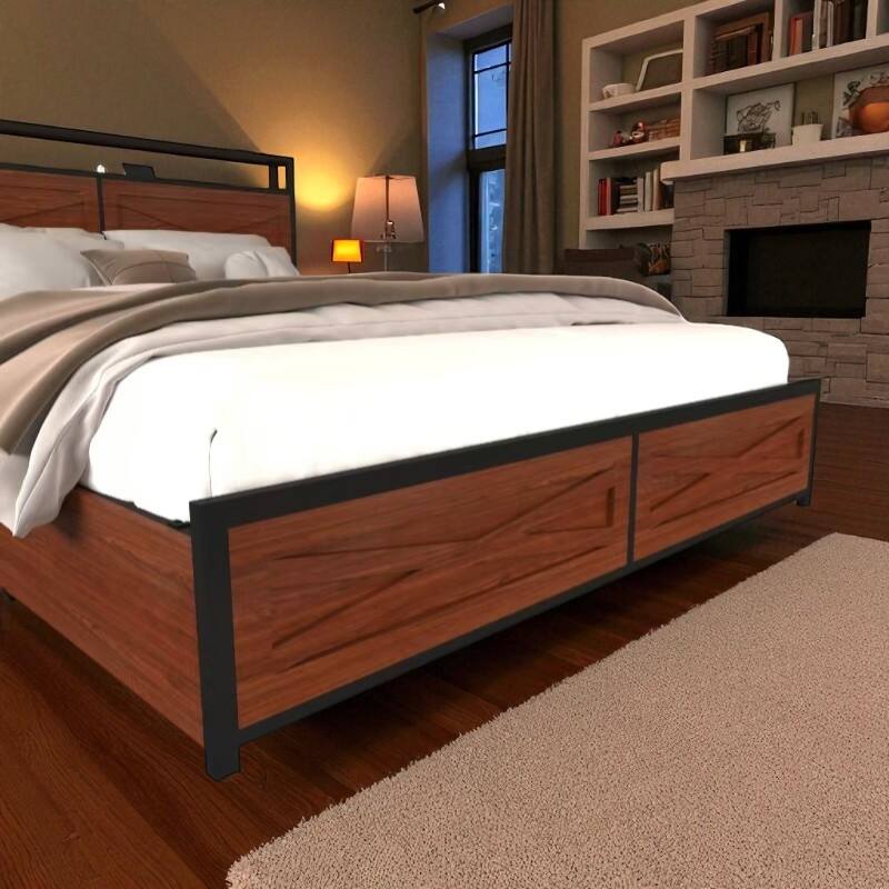 Full/Queen Bed Frame with Storage Headboard, LED Lights, Charging Station, 6 Drawers, No Box Spring Needed