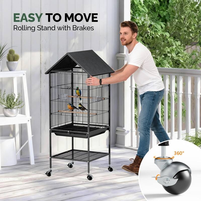 51in Wrought Iron Rolling Bird Cage, Large Flight Cage with Roof-top & Bottom Shelf, for Parrots Cockatiels Small/Medium Birds