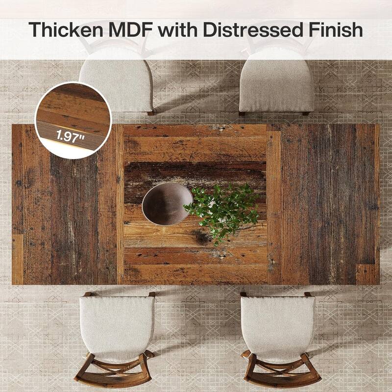 63" Dining Table, Rectangle Farmhouse Wood Kitchen Table with Metal-Trimmed Pedestal Base