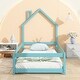 preview thumbnail 2 of 6, Twin Size Pine Wood Platform Bed Frame with House-Shaped Headboard Floor Bed with Full-Length Guardrails, Light Blue