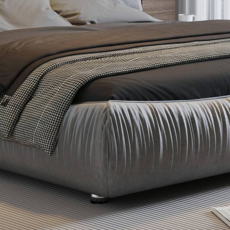 Queen/King Size Upholstered Platform Bed with Oversized Padded Backrest, Low Profile Bed Frame Floor Bed with Thickening Slats