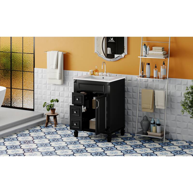 24" Bathroom Vanity With Ceramic Sink, Small Bathroom Sink Cabinet, Modern Cabinet With 2 Drawers And Adjustable Shelf