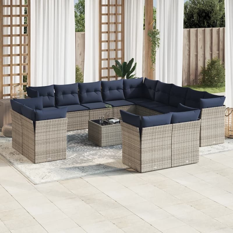 vidaXL Patio Sofa Set with Cushions Outdoor Conversation Furniture Poly Rattan - 21.7" x 24.4" x 27.2" - Beige and gray with table