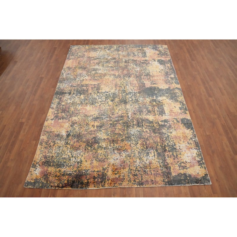 Hand Knotted Oriental Viscose Silk Carpet Modern Abstract Oranges & Rust Abstract Area Rug - 9' 7'' X 6' 9''