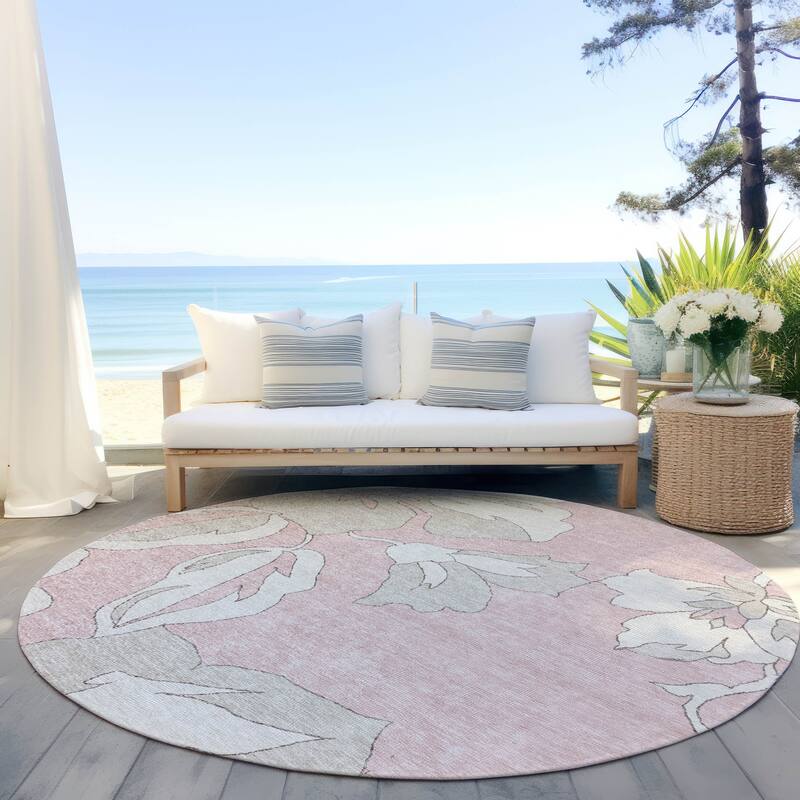 Machine Washable Indoor/ Outdoor Chantille Floral Contemporary Rug - Pink - 8' x 8'