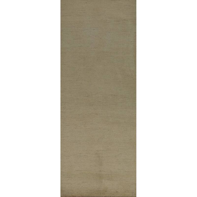 Muted Green & Gold Modern Gabbeh Runner Rug Handmade Wool Carpet - 2'7" x 9'6"