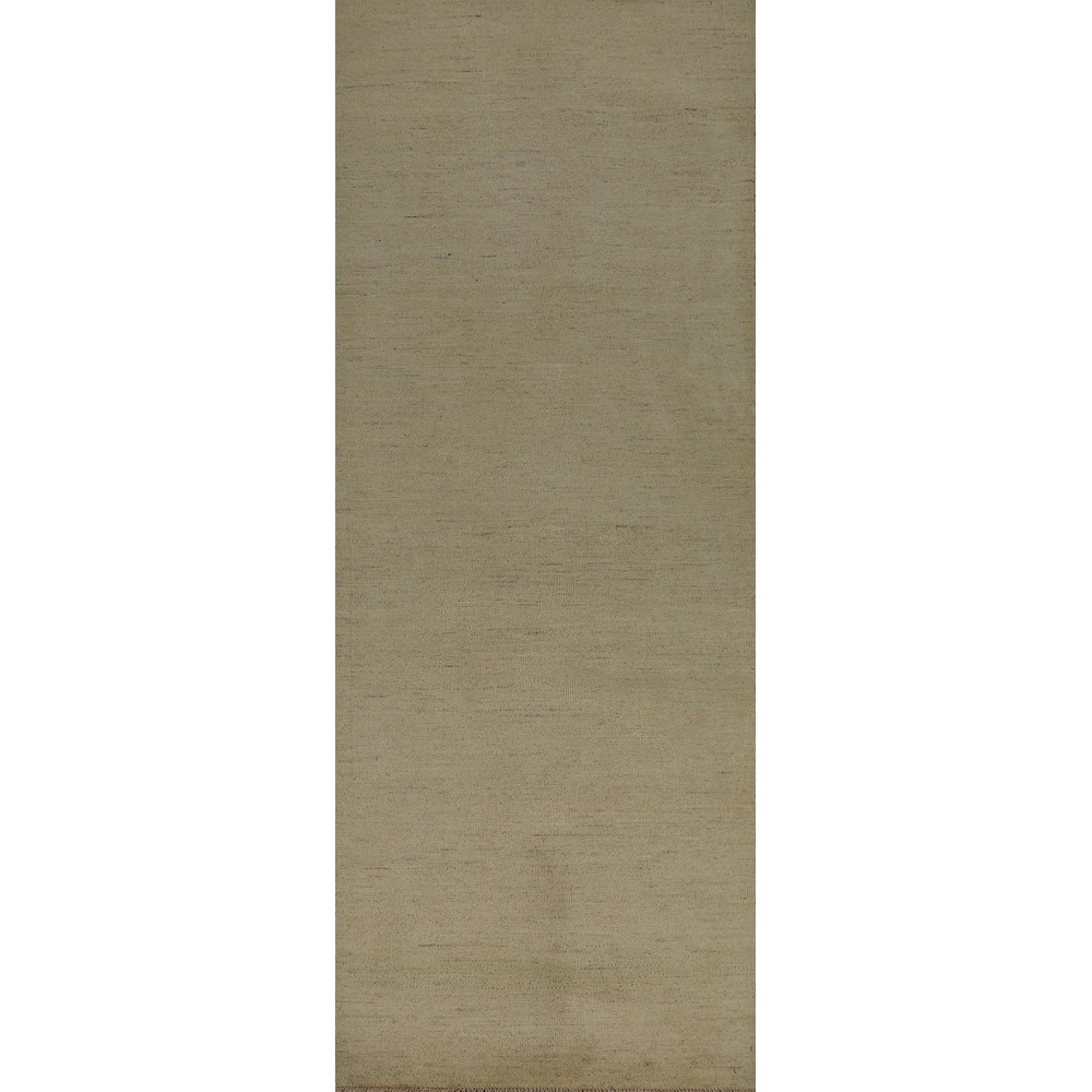 Muted Green & Gold Modern Gabbeh Runner Rug Handmade Wool Carpet - 2'7" x 9'6"