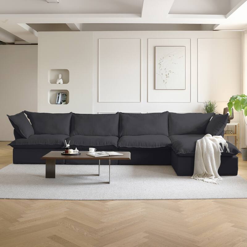 163" Wide Velvet Reversible Modular Sectional with Ottoman - Black