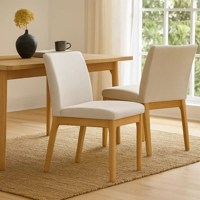 Dining Chair Set of 2, Brown Wood Frame, Light Beige Padded Fabric