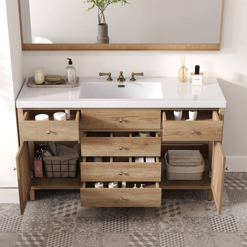 Christopher Knight Home - Emery 60" Bathroom Vanity with SMC Sink, Natural Finish for Modern Large Storage Cabinet