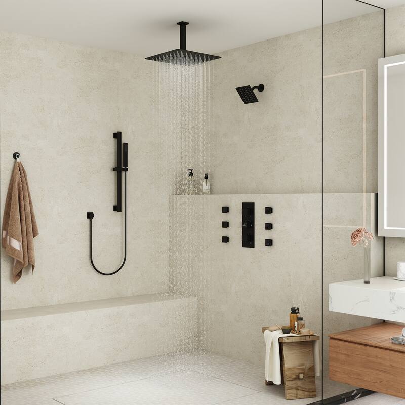 CASAINC Dual Heads High Pressure 16 Inch 4 Function Shower Head Shower System with Sliding Rod Handheld Shower and 6 Body Jet