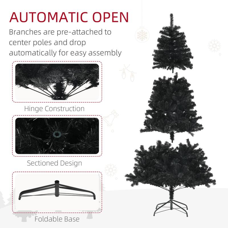 HOMCOM Unlit Artificial Christmas Tree - Auto Open, Steel Base, Black, Home Office Decor - Black