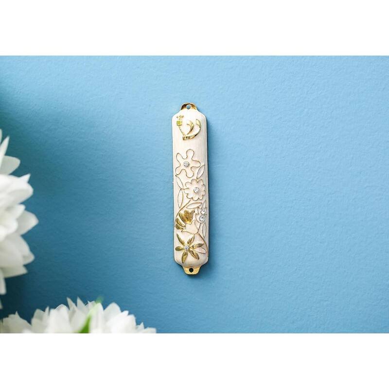 Hand Painted White Enamel Mezuzah Embellished with a Floral Design with Gold Accents and High Quality Crystals by Matashi