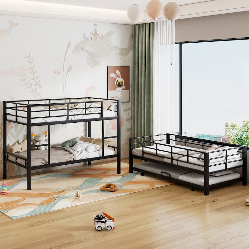 Antique Black Twin Size Metal Triple Bunk Bed With Trundle, Ladder for Kids, Boys and Girls, Bedroom