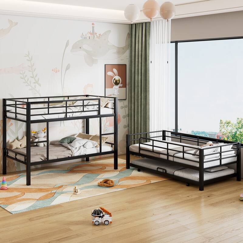 Twin Size Triple Bunk Bed with Trundle, Black, Heavy Duty Metal Construction