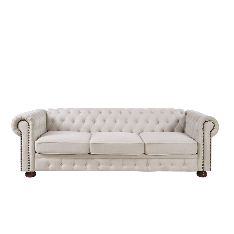 Beige Linen Fabric Chesterfield Sofa, 88x37x28 inches