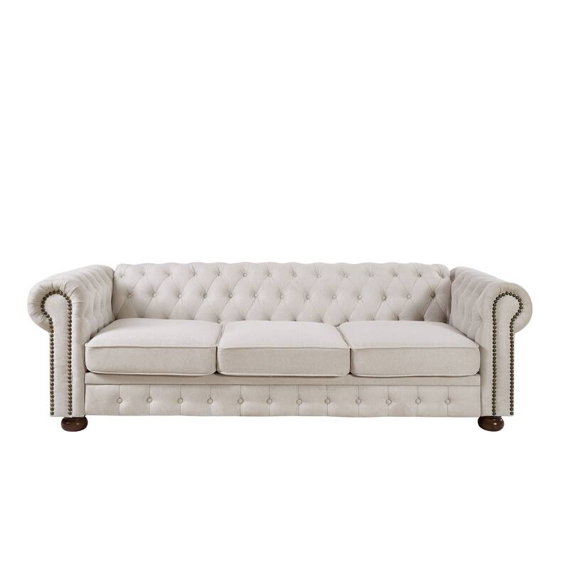 Chesterfield Linen Upholstered Sofa, Button Tufted Sofa with Rolled Arms & Nailhead Trim, 3 Seater Sofa with Rubber Wood Legs
