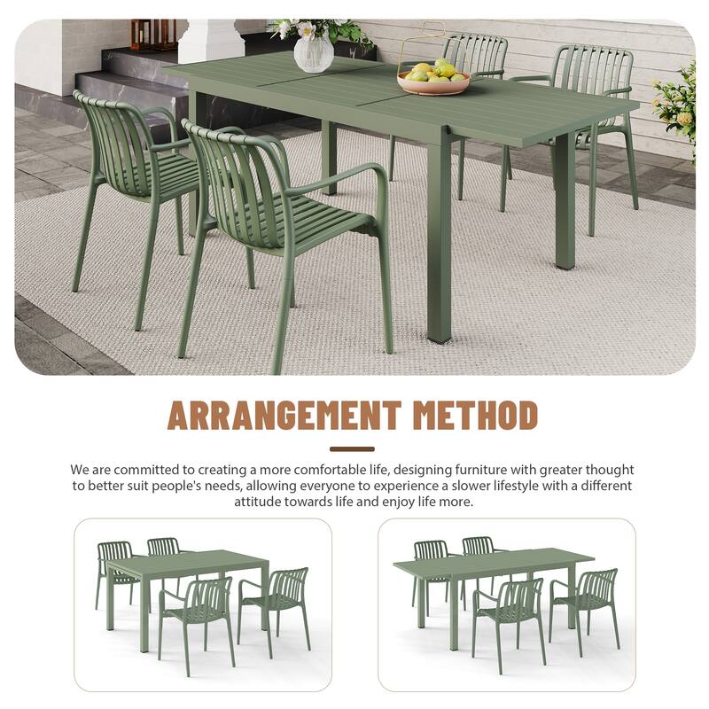 Outdoor Dining Set 5-Piece Stackable Plastic Lightweight Dining Armchair and Extendable Dining Table