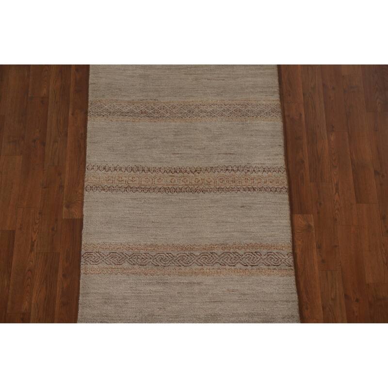 Hand Knotted Oriental 100% Wool Carpet Modern Stripe Greys & Charcoal Modern Runner Rug - 13' 3'' X 2' 7''