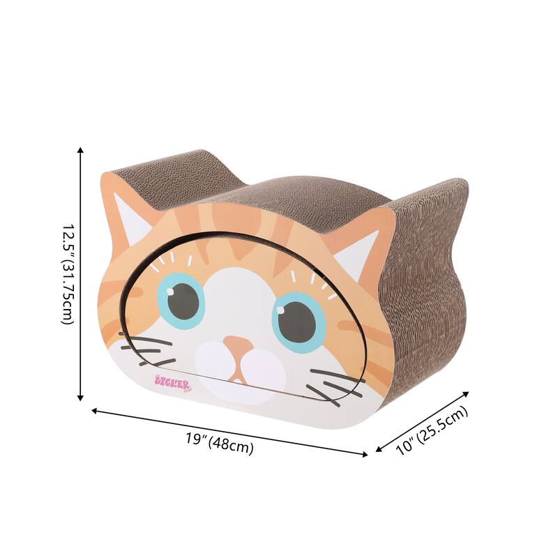 Opal 19" Modern Cardboard Happy Cat Head 2-in-1 Cat Cave Scratcher with Built-In Bell Toys and Catnip, Orange/Blue