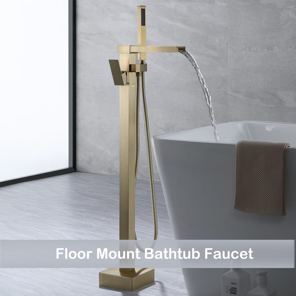 3-Way Waterfall Luxury Gold Floor-Mounted 36''H Freestanding Bathtub Faucet Set with Handheld Shower