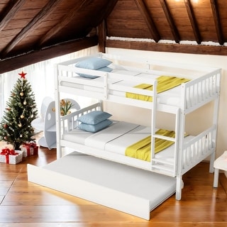 Solid Wood Detachable Twin Over Twin Bunk Beds with Trundle,Safety Rail and Ladder