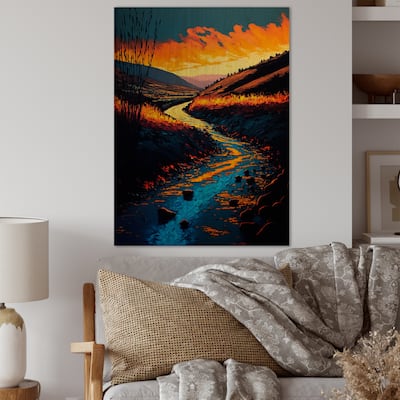 Designart 'Sunset Reflected In The Mountain River' Landscape Cottage Wood Wall Art - Natural Pine Wood