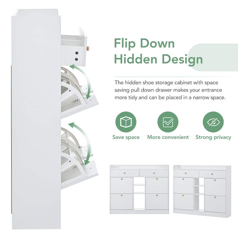 Modern White Two-tier Shoe Cabinet with 4 Flip Drawers - 9.4"W x 47.24"H x 50.7"D